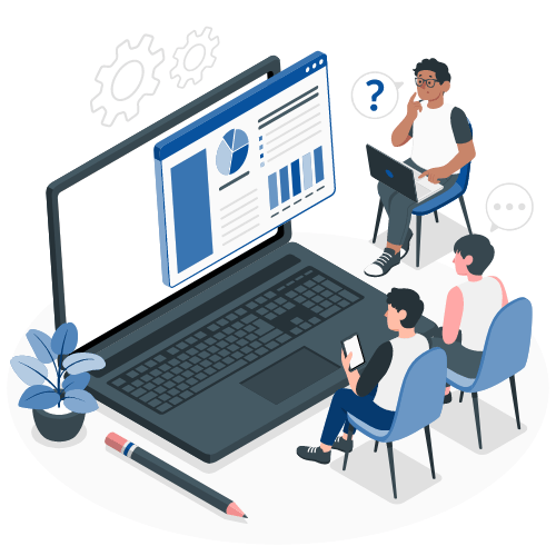 Team working together on a notebook analyzing a dashboard. Illustration by Freepik Storyset