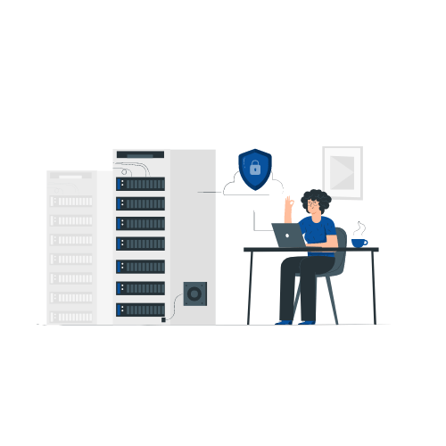 Man sitting at a desk looking after the security of a server. Illustration by Freepik Storyset